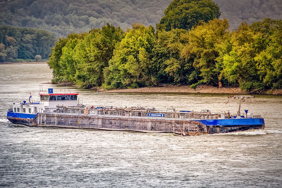 ship, frachtschiff, technology, metal, blue, trees, water, shipping HD wallpaper