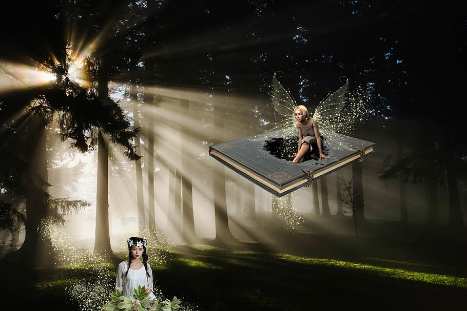 fantasy, forest, light, fee, flower girl, atmosphere, romantic HD wallpaper