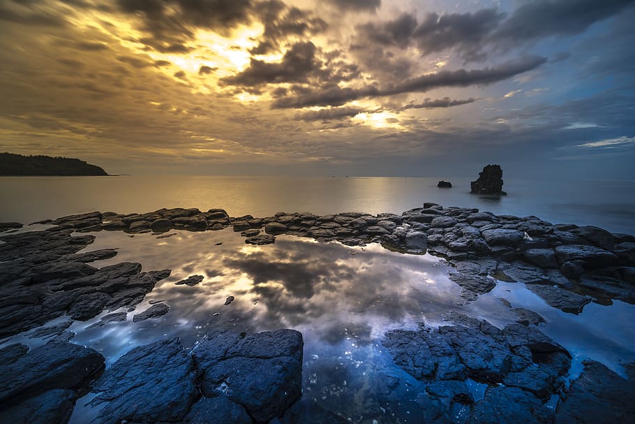 Landscape Photography of Rocks by the Sea, beach, blue, cloudscape HD wallpaper