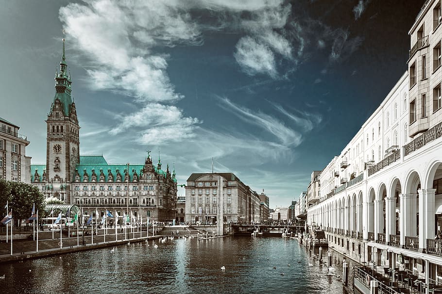 architecture, travel, alster city, river, hamburg, town hall
