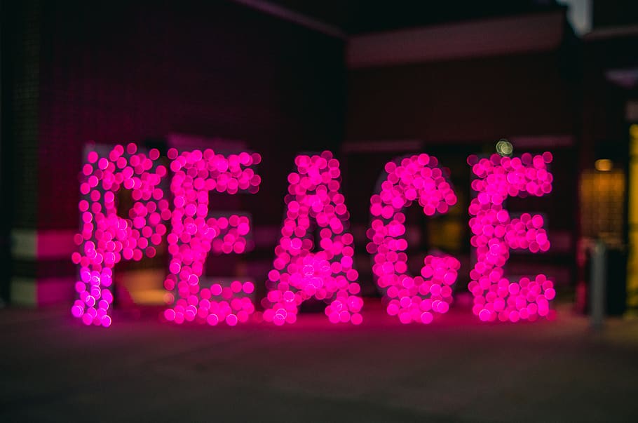 Pink Peace Light Sign, blur, blurred, blurry, illuminated, lights, HD wallpaper