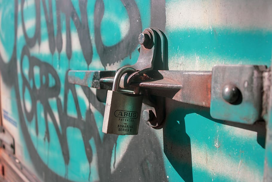 padlock, graffiti, security, locked, private, door, steel, blue HD wallpaper