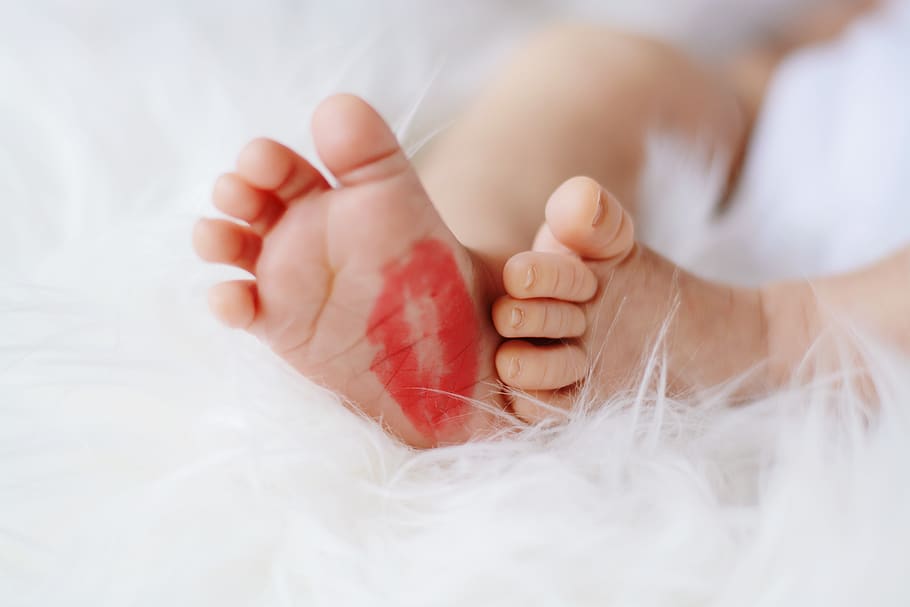 Baby Foot With Red Kiss Mark, baby feet, bed, child, indoors