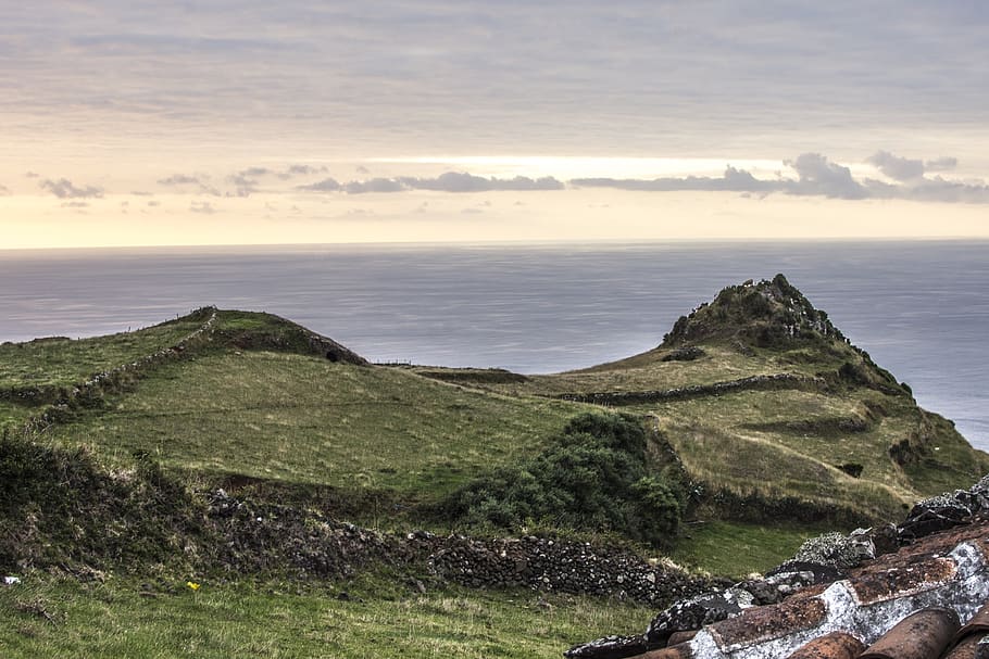 Green Grass Field Near an Ocean, beach, cliff, clouds, coast HD wallpaper