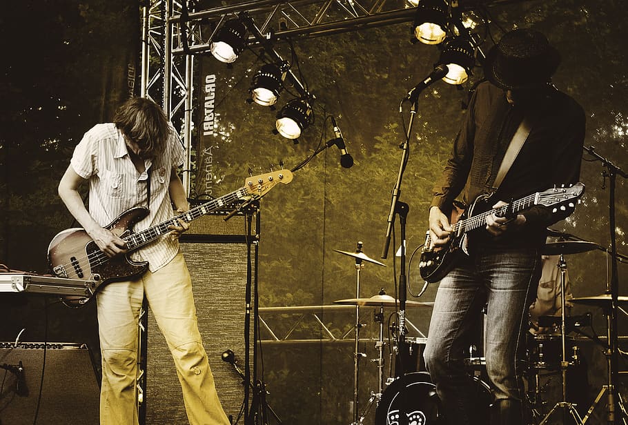 two men performing guitar on stage, music, musical instrument HD wallpaper