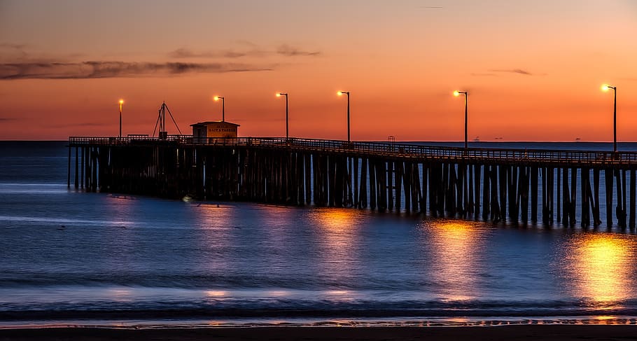 Wooden Dock on Sea Shore With Light Post during Sunset, beach HD wallpaper
