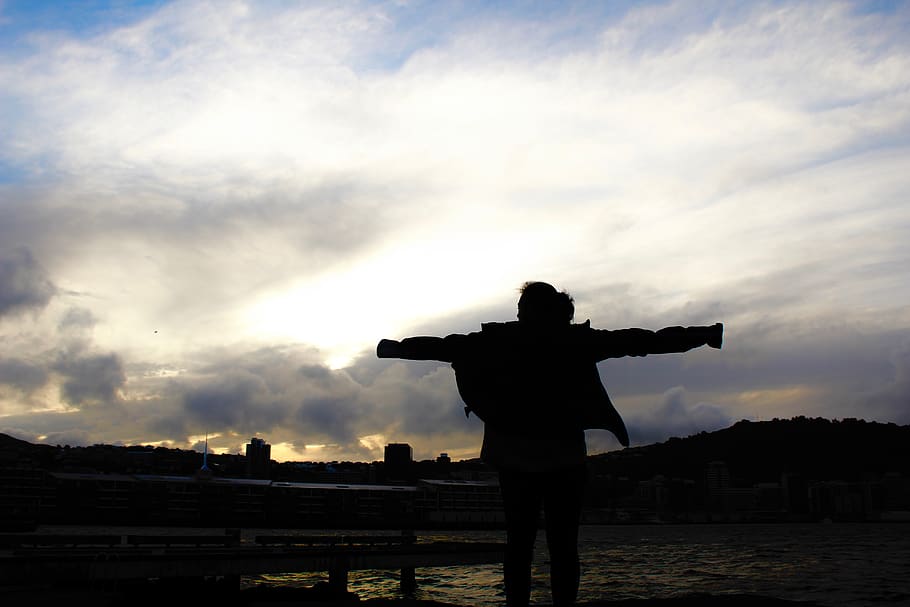 sunset, wind, wellington, sky, cloud - sky, silhouette, human arm HD wallpaper
