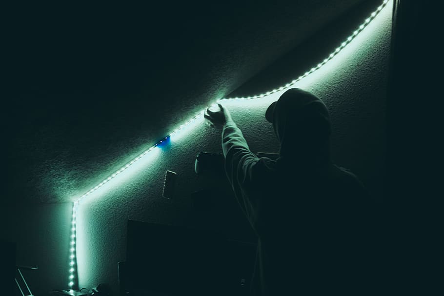man wearing hooded jacket, light, human, person, flare, laser HD wallpaper