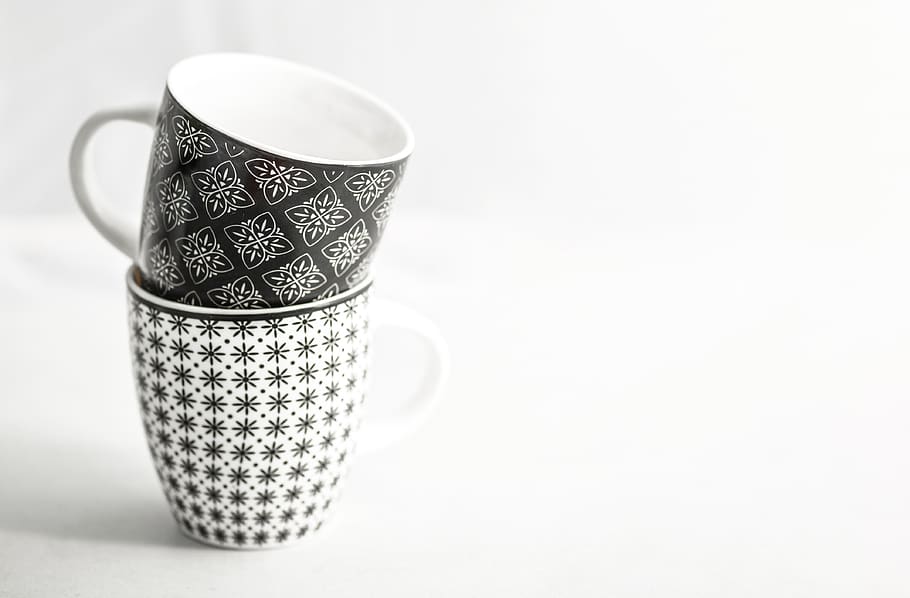 two white-and-black mugs, porcelain, pottery, art, cup, coffee cup, HD wallpaper