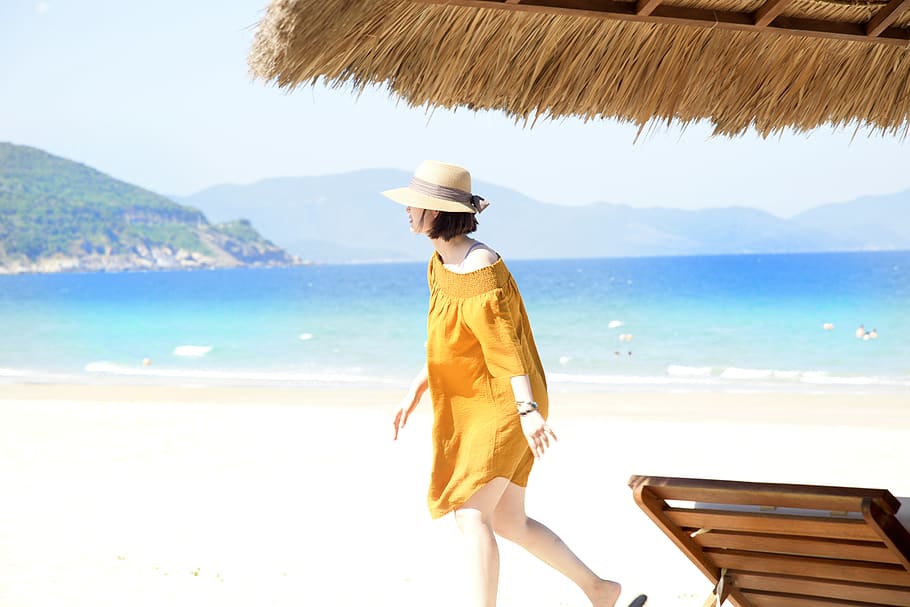 vietnam, water, beach, sea, hat, one person, leisure activity HD wallpaper