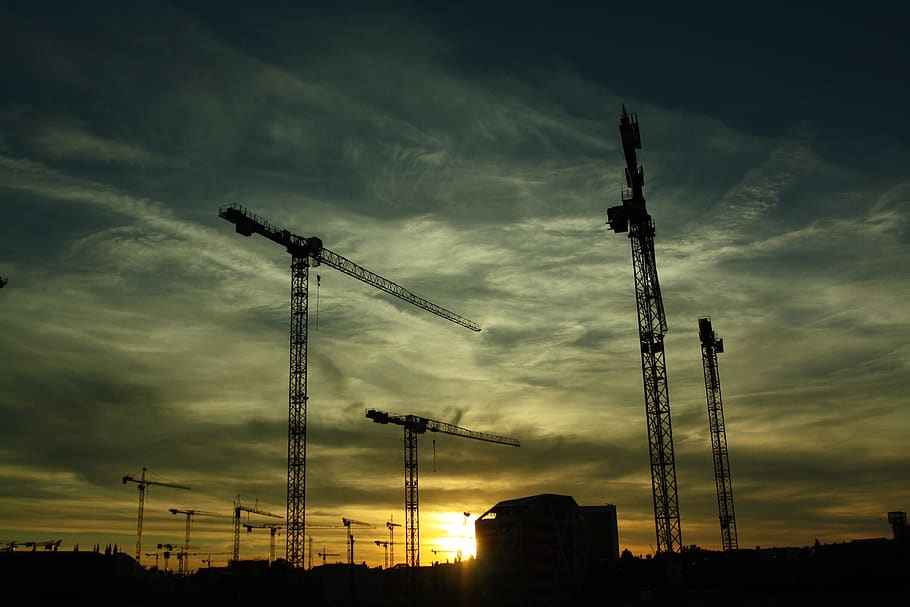 Silhouette Photography of Cranes, constructing, construction HD wallpaper