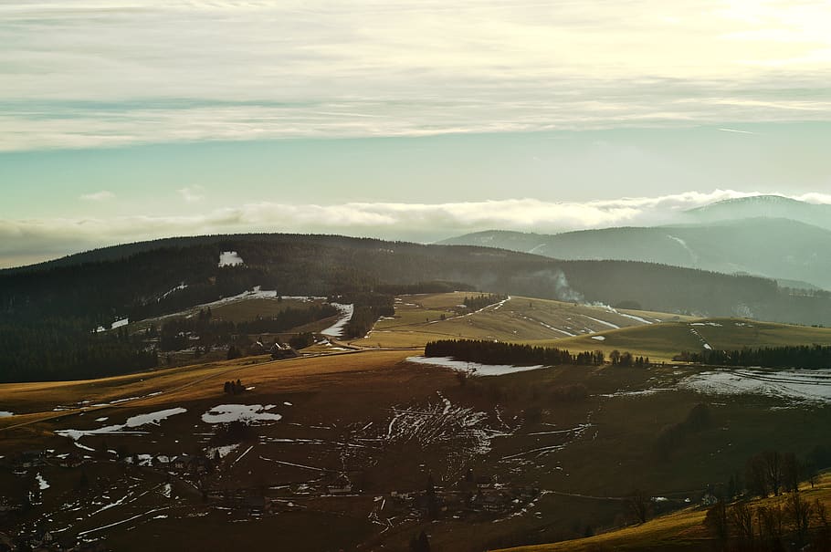 forest, mountains, black forest, landscape, smoke, clouds, snow HD wallpaper