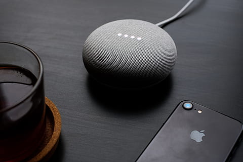 turned-on round gray Google Bluetooth speaker, electronics, iphone HD wallpaper