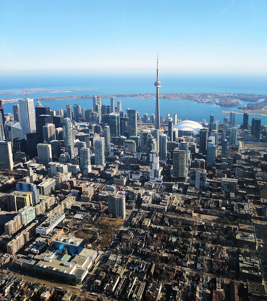 canada, toronto, helicopter, sky, lake, ontario, architecture HD wallpaper