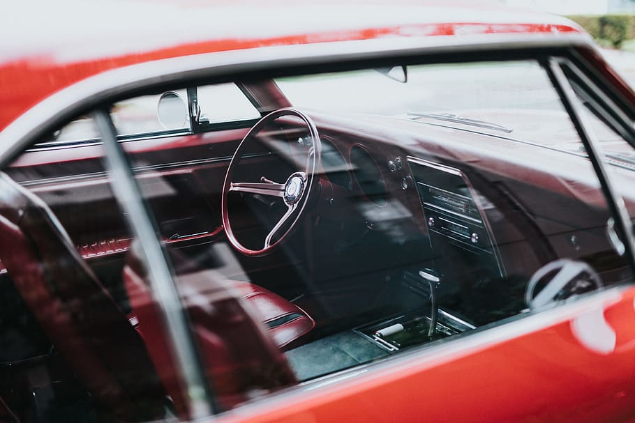 empty car interior, red, window, reflection, wheel, steer, vehicle HD wallpaper