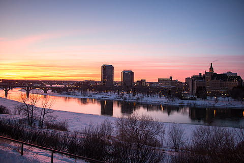 canada, saskatoon, river, winter, city, sunset, snow, castle HD wallpaper