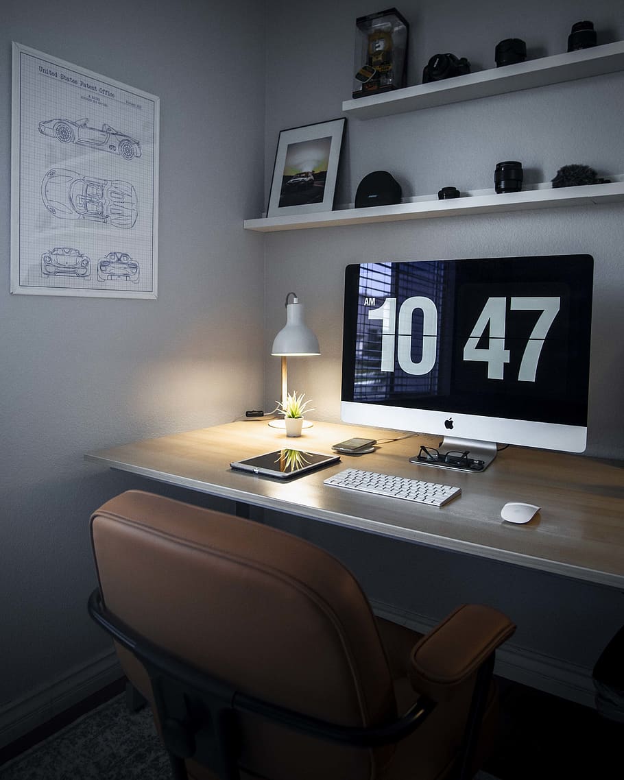 silver iMac displaying 10 47, indoors, table, seat, no people HD wallpaper
