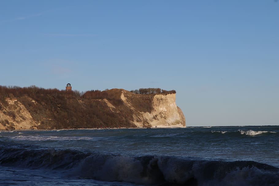 cliff, sea, water, baltic sea, white cliffs, cape arkona, lighthouse, HD wallpaper