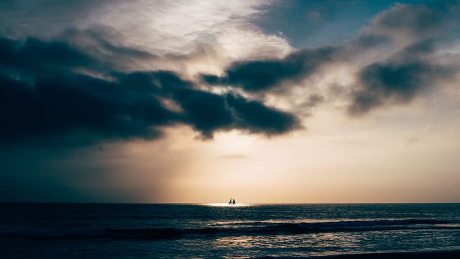 calm sea under blue sky, boat, water, cloud, wave, reflection HD wallpaper