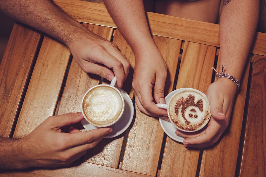Two People Holding White Cup With Coffee, breakfast, café, caffeine HD wallpaper