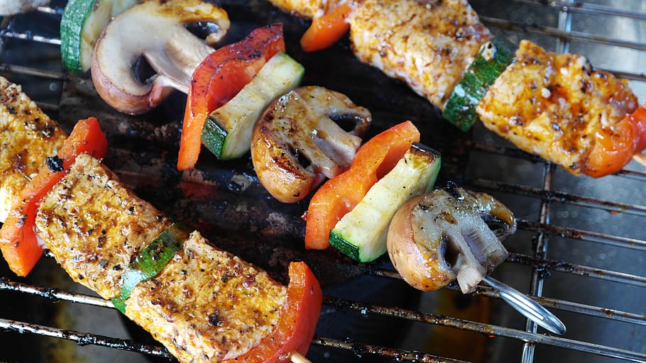 Sliced Meat, Vegetables, Mushroom, and Tomatoes Barbeque, barbecue HD wallpaper