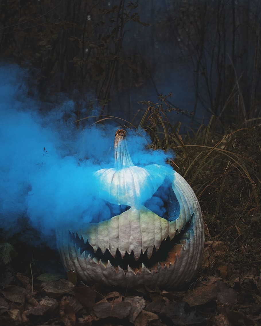 white Jack o Lantern, pumpkin, face, carving, smoke, grass, fall HD wallpaper