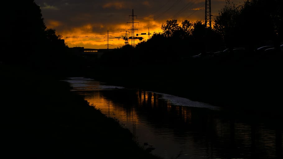 river, sunset, twilight, west, water, silhouette, reflection HD wallpaper