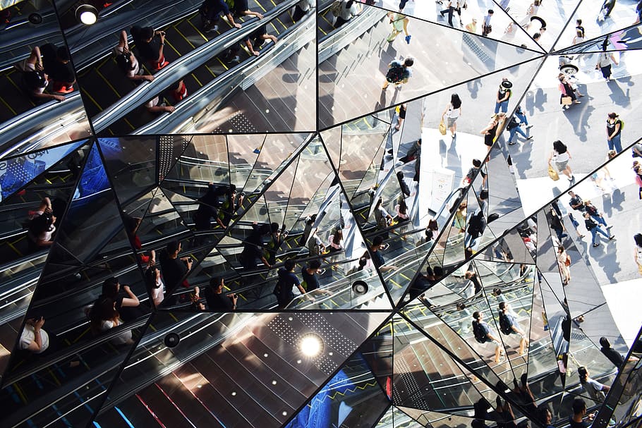 reflected people on mirror collage, glass - material, sunlight HD wallpaper