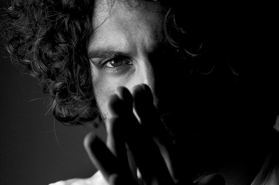 grayscale photo of man's face, human, person, finger, portrait, HD wallpaper