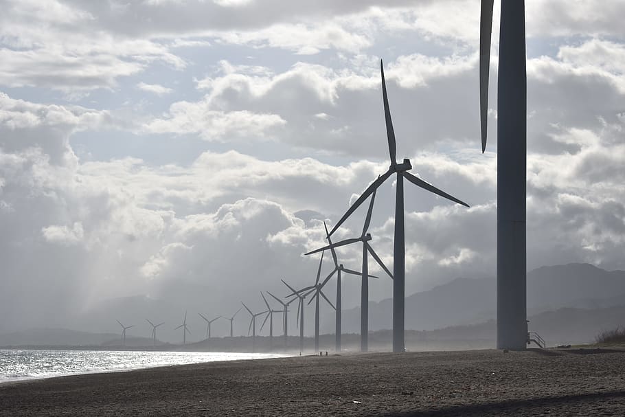 Windmills on Seashore Under White Clouds, alternative, alternative energy HD wallpaper