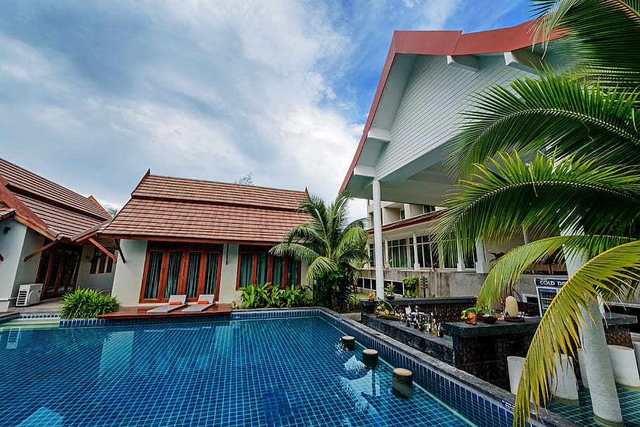 Swimming Pool Near Villas, architecture, dug-out pool, hotel HD wallpaper