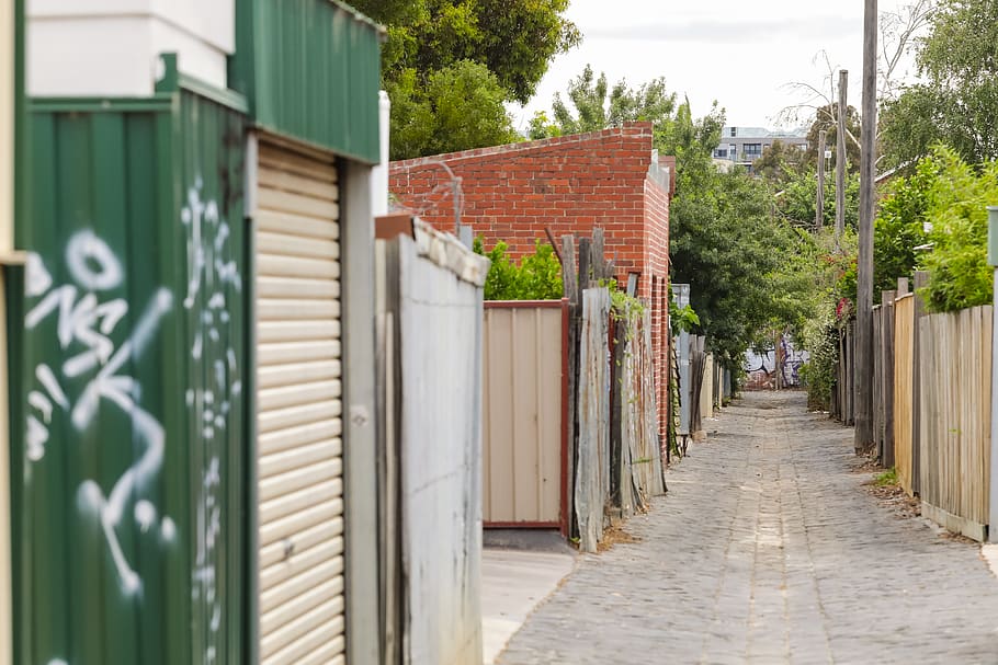 pathway between house, road, town, urban, city, street, building HD wallpaper