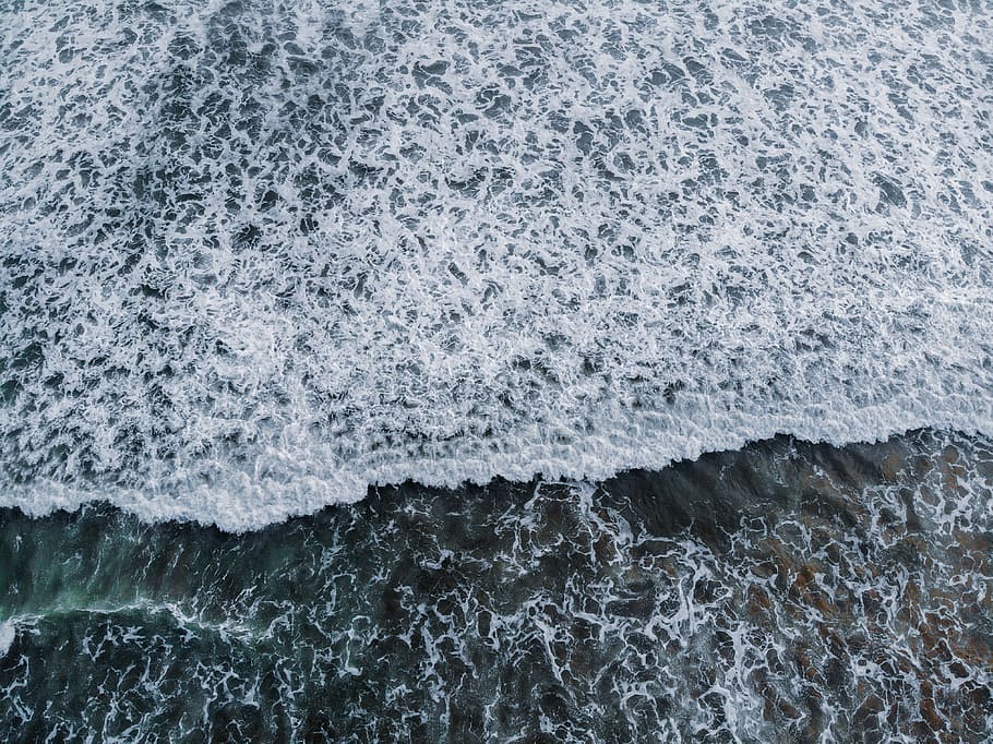 aerial view photography of body of water, wave, beach, foam, sea HD wallpaper
