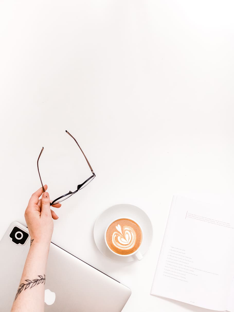 coffee latte on table, human hand, indoors, copy space, studio shot HD wallpaper