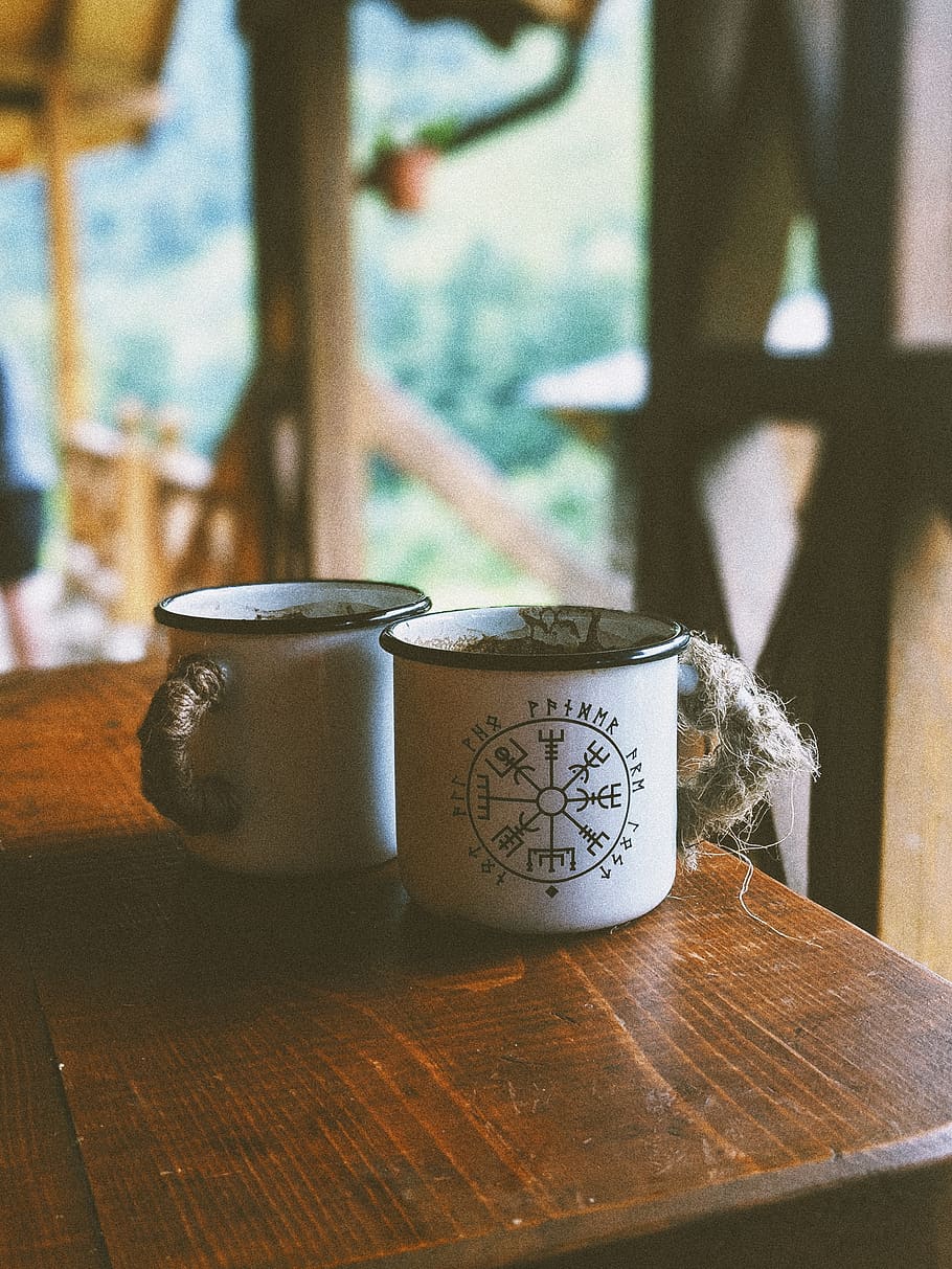 two white mugs on table, cup, coffee cup, verkhovyns'kyi district HD wallpaper