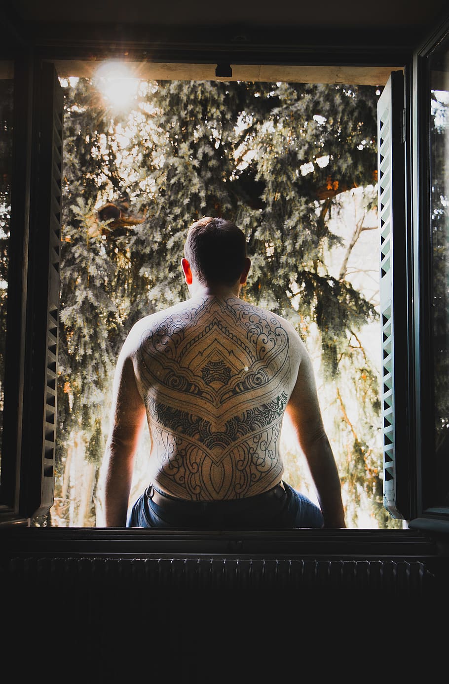 man sitting on window, rear view, one person, indoors, lifestyles HD wallpaper