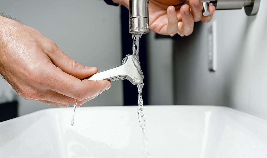 silver faucet, human hand, human body part, water, holding, hygiene HD wallpaper