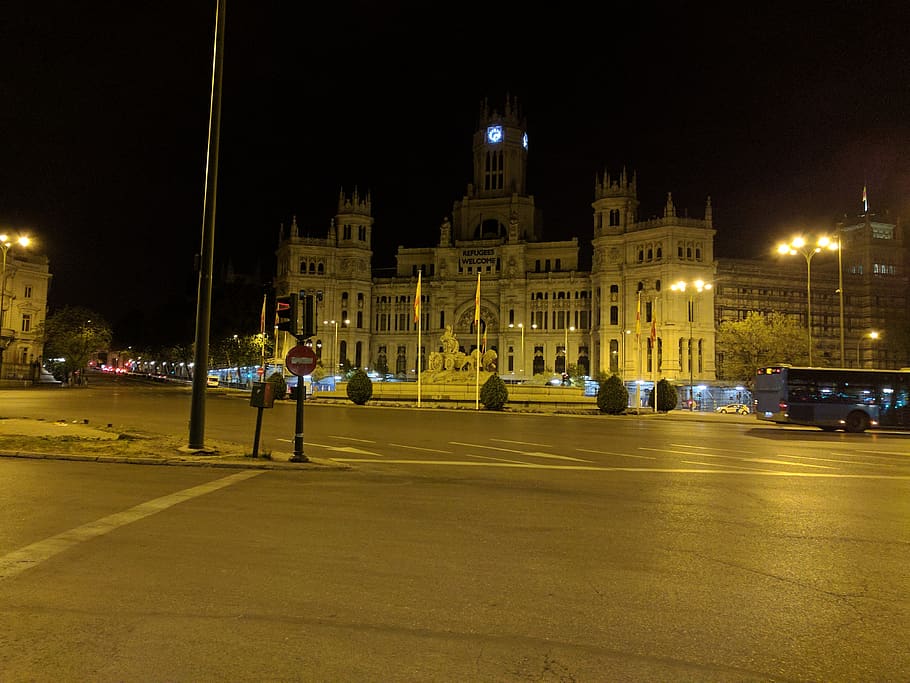 spain, madrid, night, illuminated, architecture, building exterior HD wallpaper