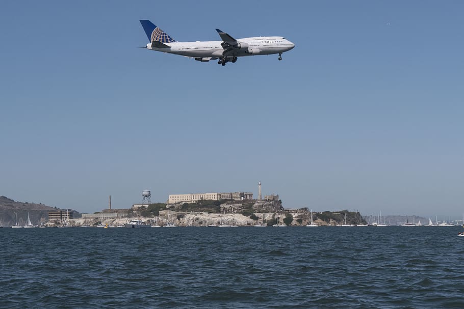 plane, 747-400, boeing, san francisco, alcatraz, island, ocean HD wallpaper