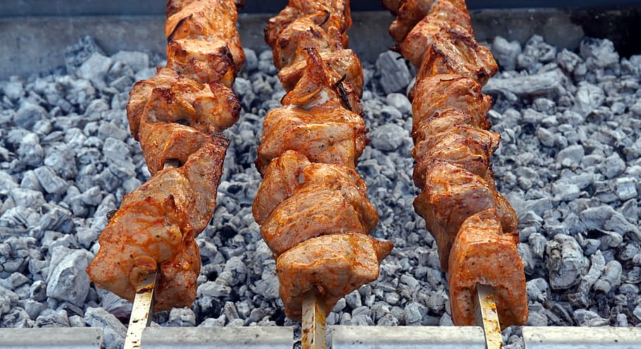 barbecue, spit, meat, grill, grilled, food, food and drink HD wallpaper