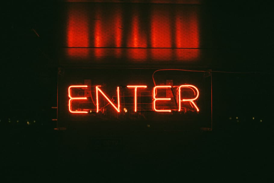 dark, night, billboard, enter, neon, text, illuminated, western script HD wallpaper
