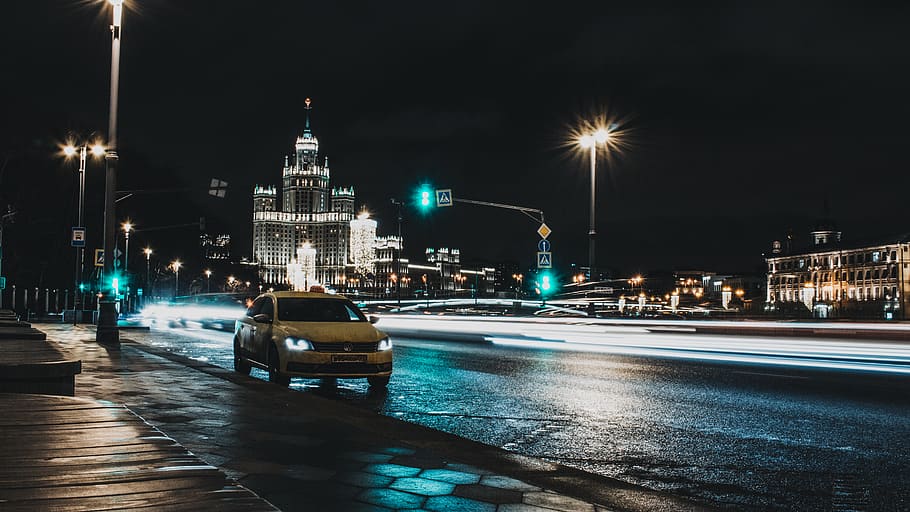 white car on road, city, night, architecture, illuminated, built structure HD wallpaper