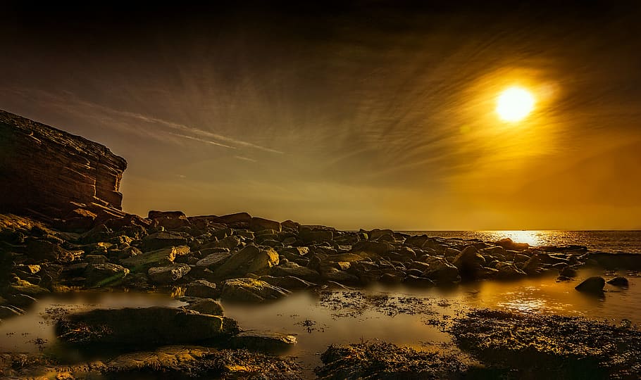 Body Of Water During Golden Hour, beach, dawn, ocean, rocks, sea HD wallpaper