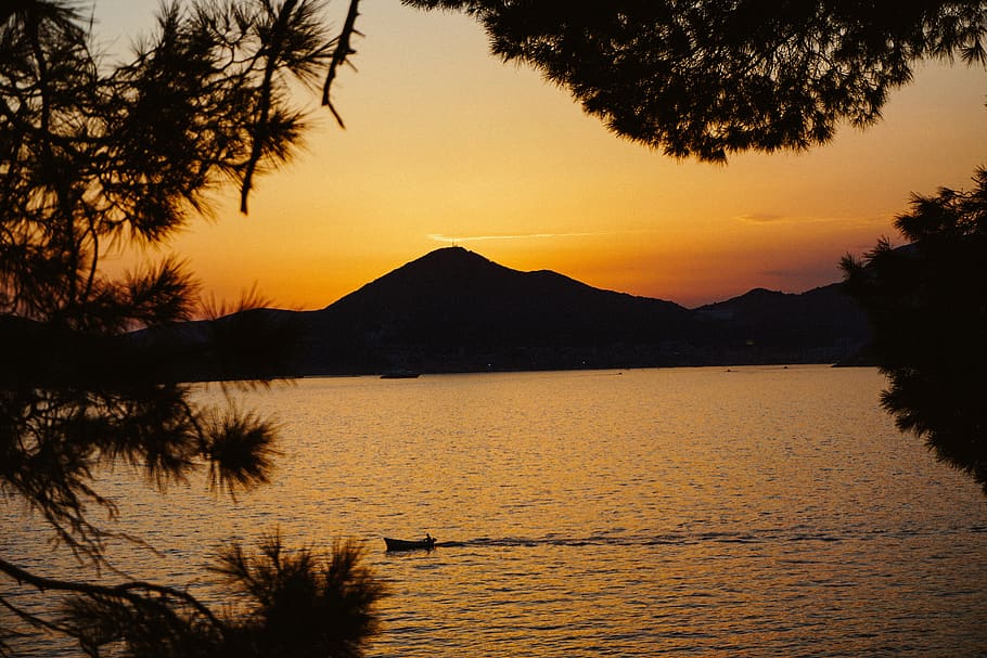 montenegro, budva, ocean, trees, sunset, mountain, boat, water, HD wallpaper