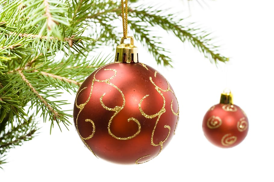 ball, branch, tree, ornament, red, green, pine, spruce, white HD wallpaper