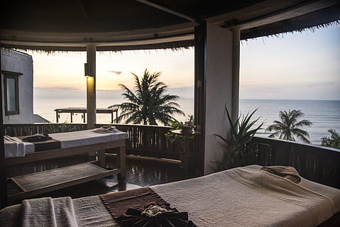 Two Massage Table Near Palm Trees, accommodation, beach, bed HD wallpaper