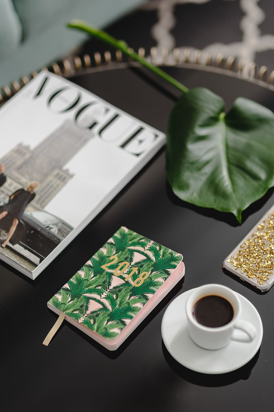 Top view of black table with 2018 calendar agenda, food and drink HD wallpaper