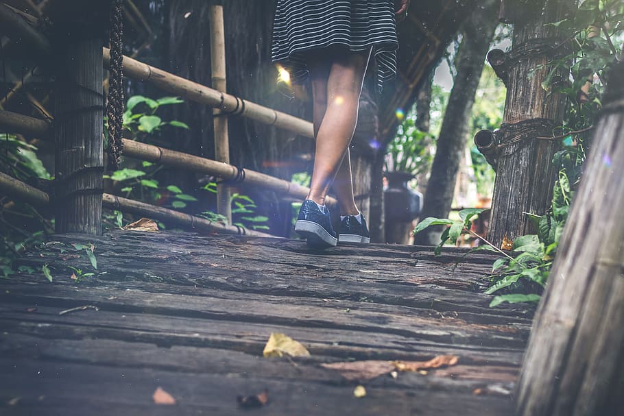 Woman Walking on Wooden Bridge, boardwalk, daylight, environment HD wallpaper
