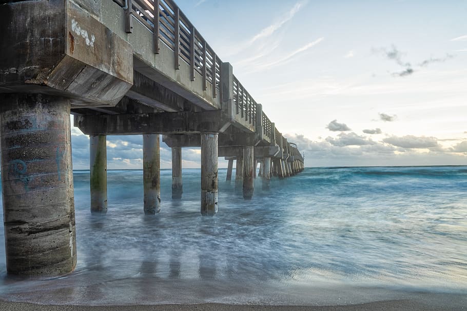 concrete dock on beach, water, waterfront, port, pier, building HD wallpaper