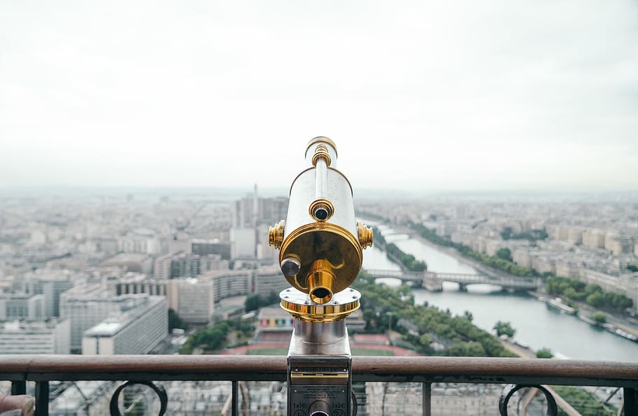 gray and gold-colored telescope on roof, building exterior, architecture HD wallpaper